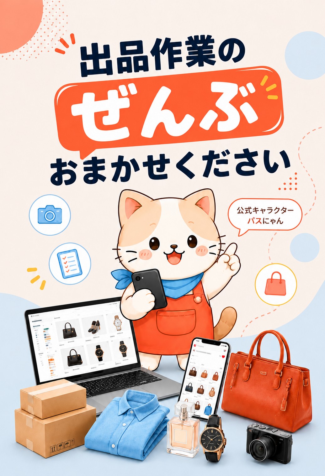 出品作業のぜんぶ、おまかせください。公式キャラクター パスにゃんがAmazon×メルカリShopsの出品作業をご案内