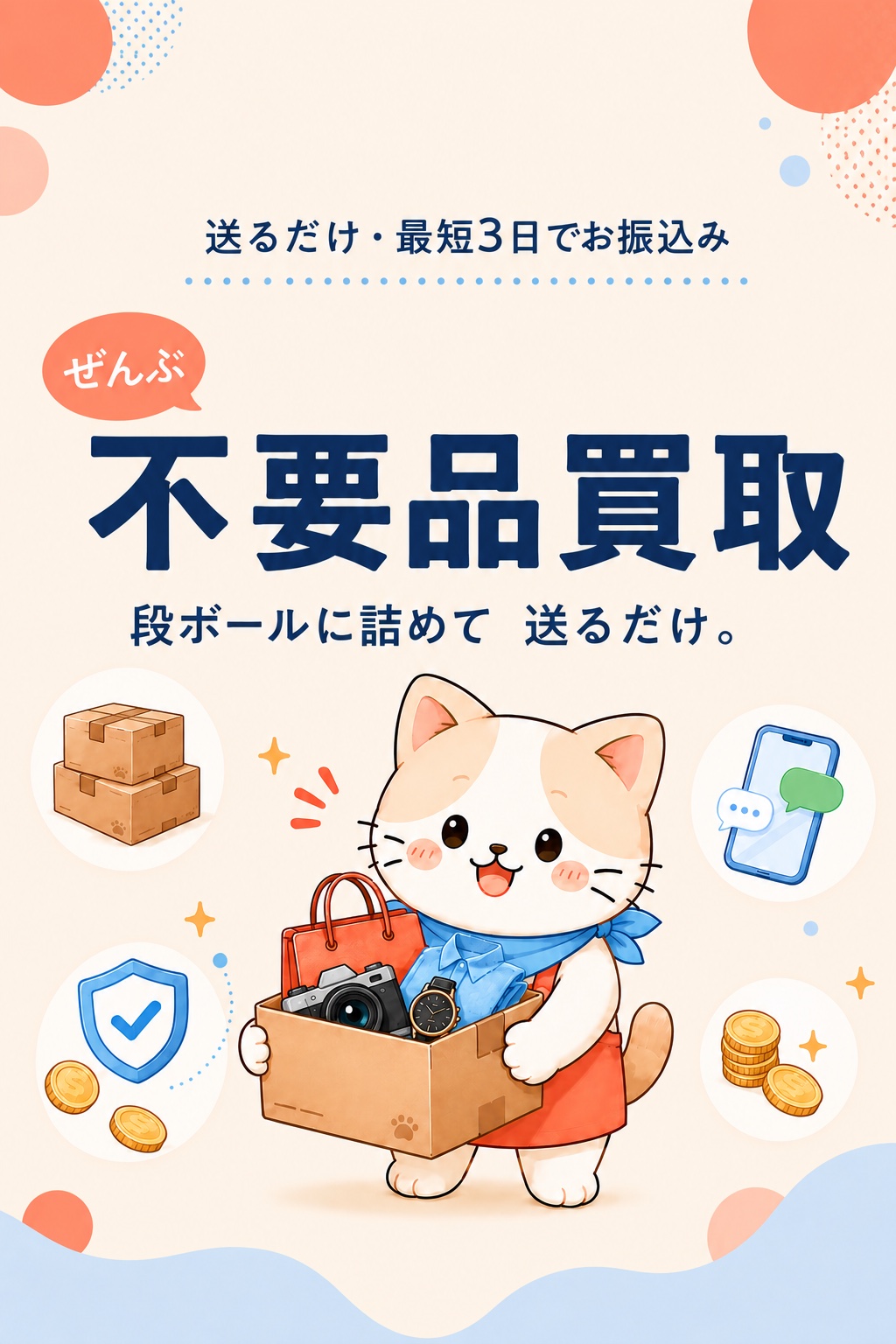 不要品買取。段ボールに詰めて送るだけ・最短3日でお振込み。段ボールを抱えるADPAS SHOP公式キャラクター パスにゃん